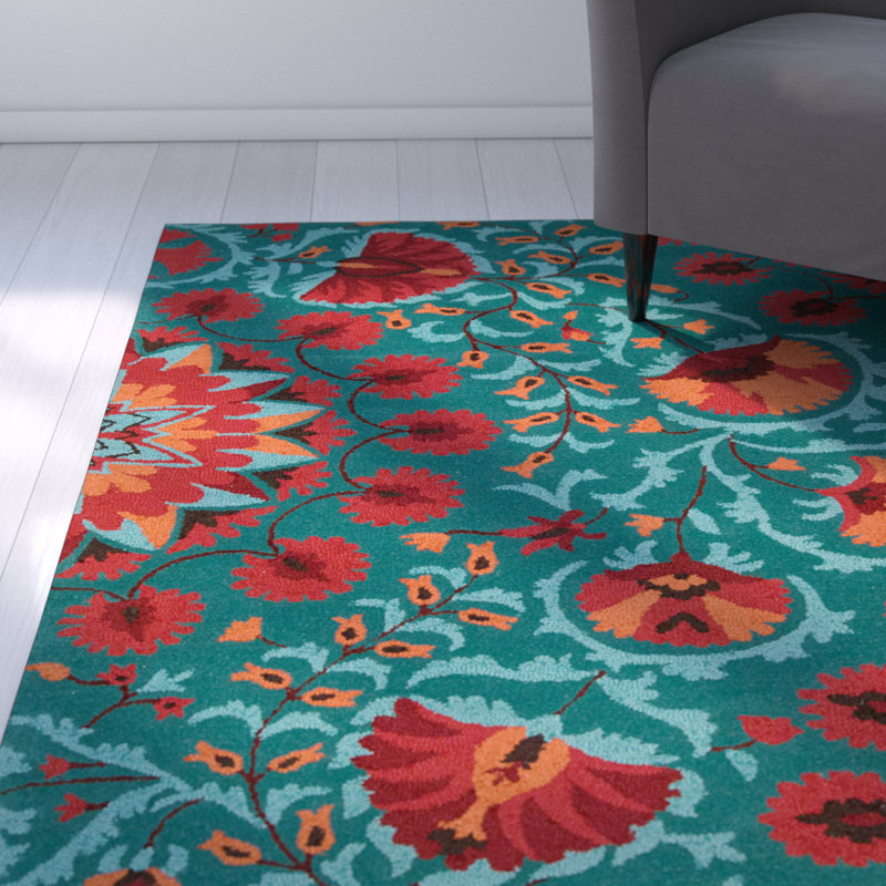 Ebern Designs Doretta HandTufted Wool Teal blue/Red Area Rug & Reviews